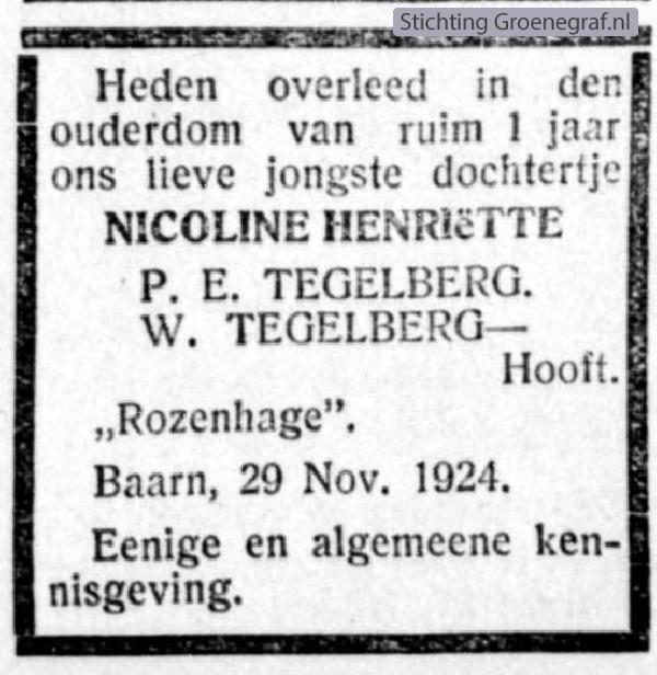 Overlijdensscan Nicoline Henriette  Tegelberg