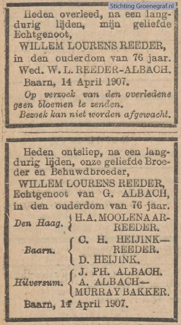 Overlijdensscan Willem Laurens  Reeder