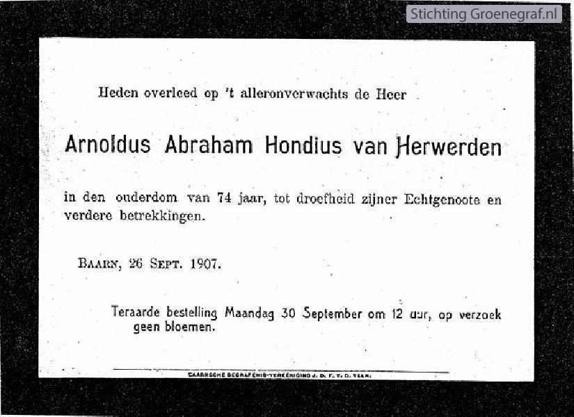 Overlijdensscan Arnoldus Abraham  Hondius van Herwerden