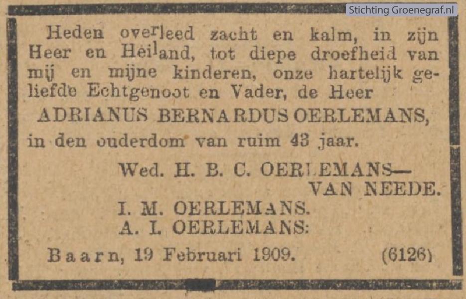 Overlijdensscan Adrianus Bernardus  Oerlemans