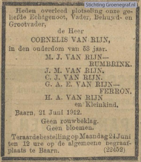 Overlijdensscan Cornelis van Rijn
