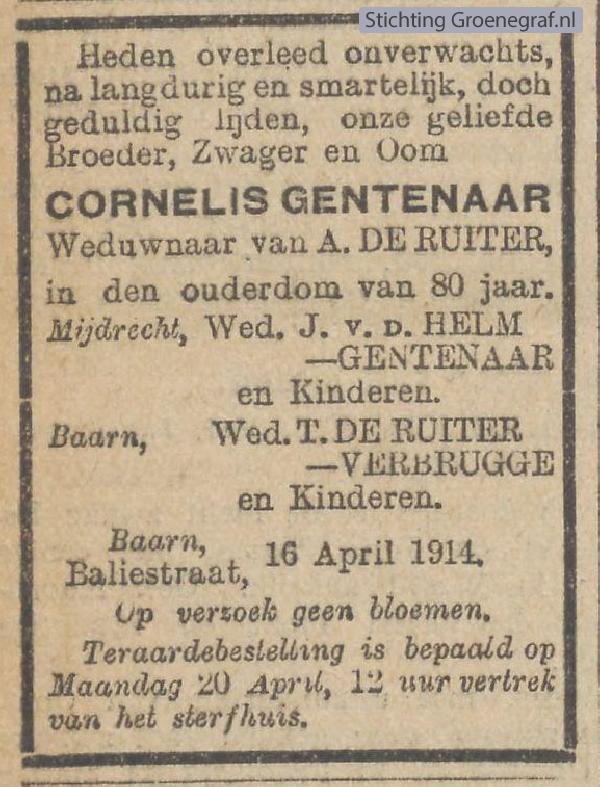 Overlijdensscan Cornelis  Gentenaar