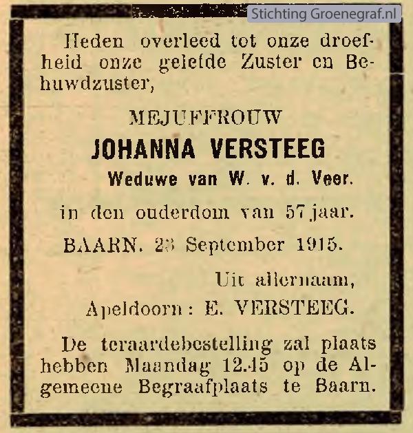 Overlijdensscan Johanna  Versteeg