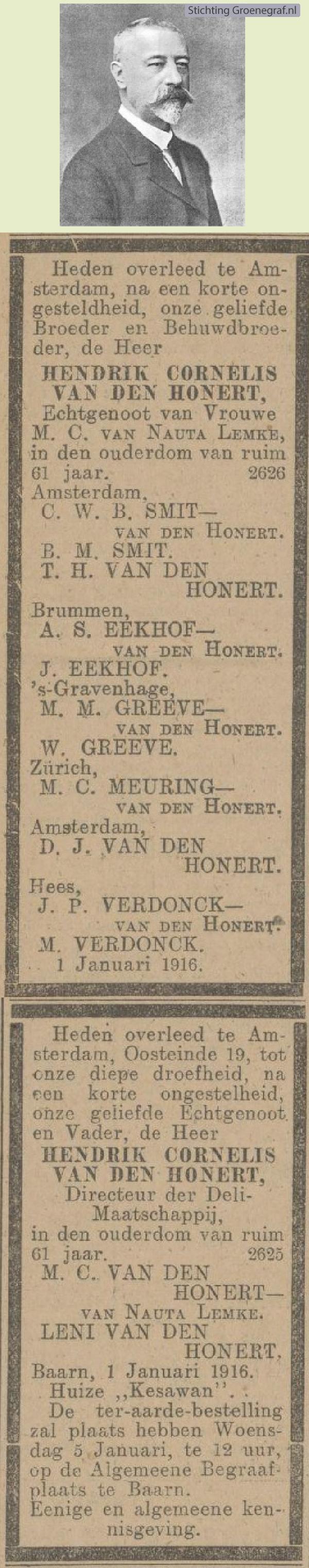 Overlijdensscan Hendrik Cornelis van den Honert