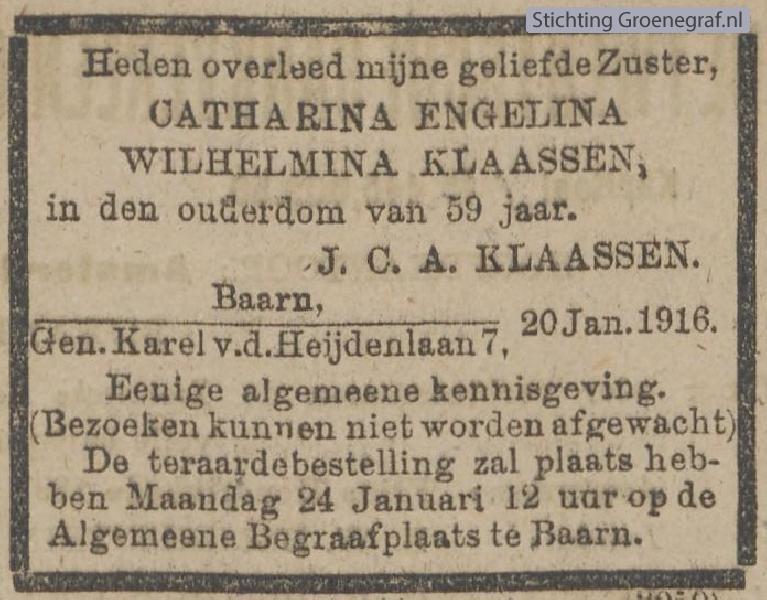 Overlijdensscan Catharina Engelina Wilhelmina  Klaassen