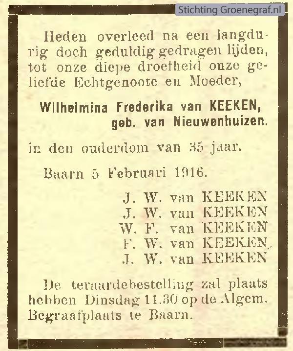 Overlijdensscan Wilhelmina van Nieuwenhuizen