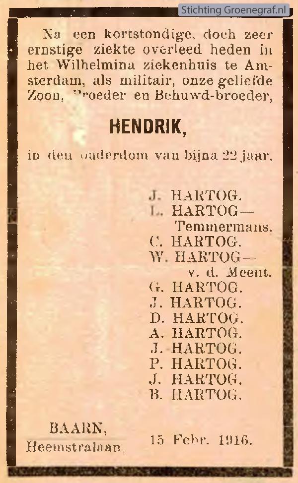 Overlijdensscan Hendrik  Hartog