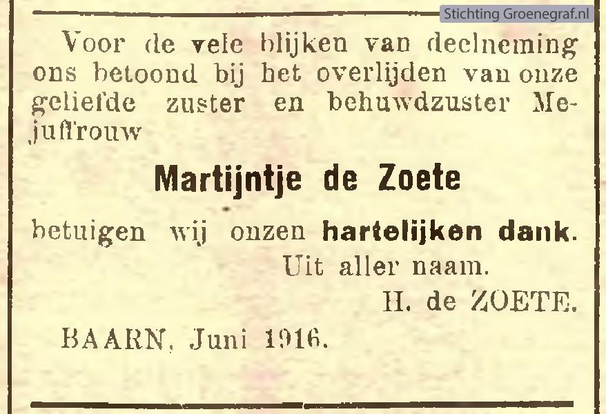 Overlijdensscan Martijntje de Zoeten