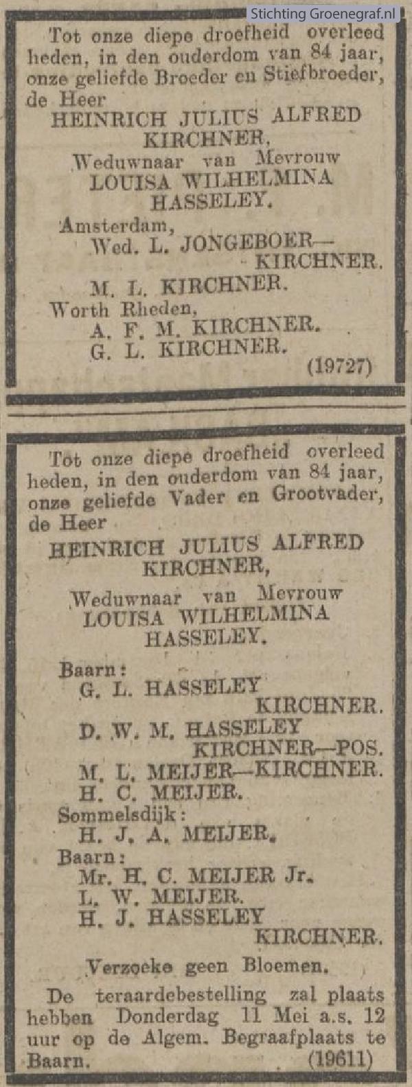 Overlijdensscan Heinrich Julius Alfred  Kirchner
