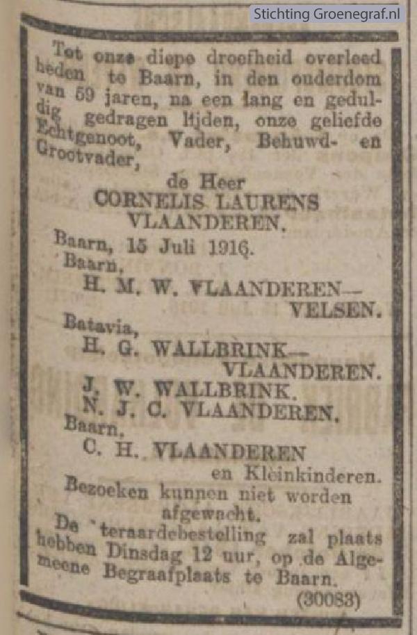 Overlijdensscan Cornelis Laurens  Vlaanderen