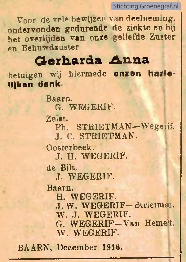 Overlijdensscan Gerharda Anna  Wegerif