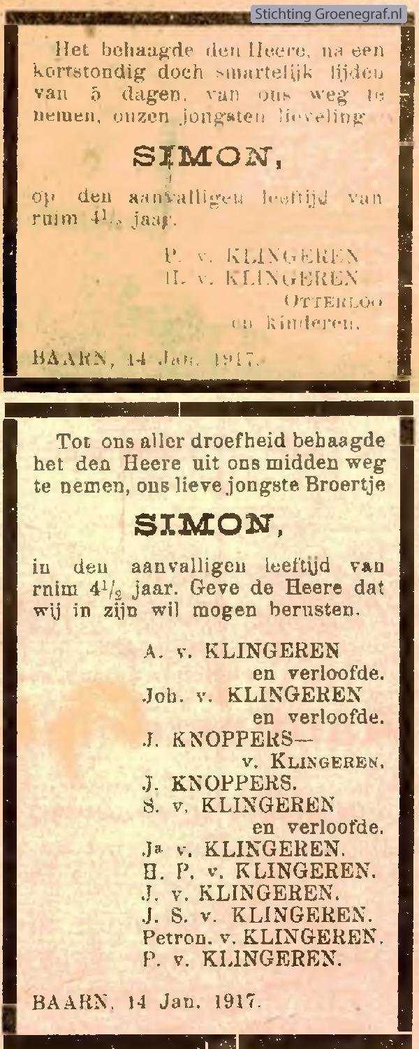 Overlijdensscan Simon van Klingeren
