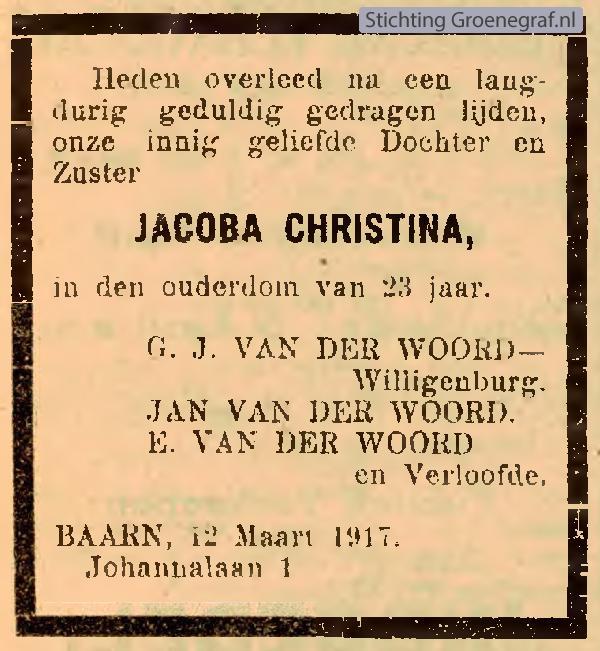 Overlijdensscan Jacoba Christina van der Woord