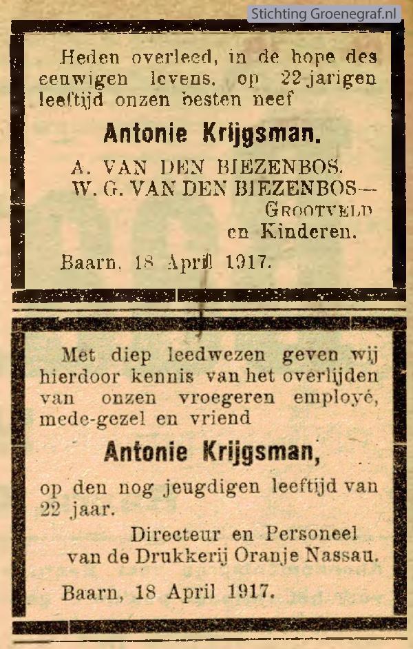 Overlijdensscan Antonie  Krijgsman