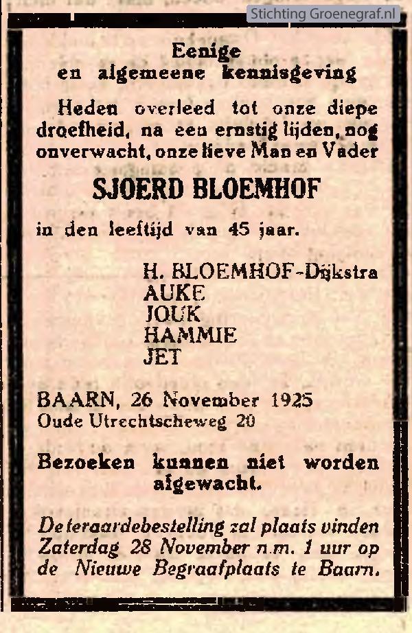Overlijdensscan Sjoerd  Bloemhof