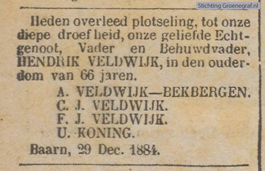 Overlijdensscan Hendrik  Veldwijk