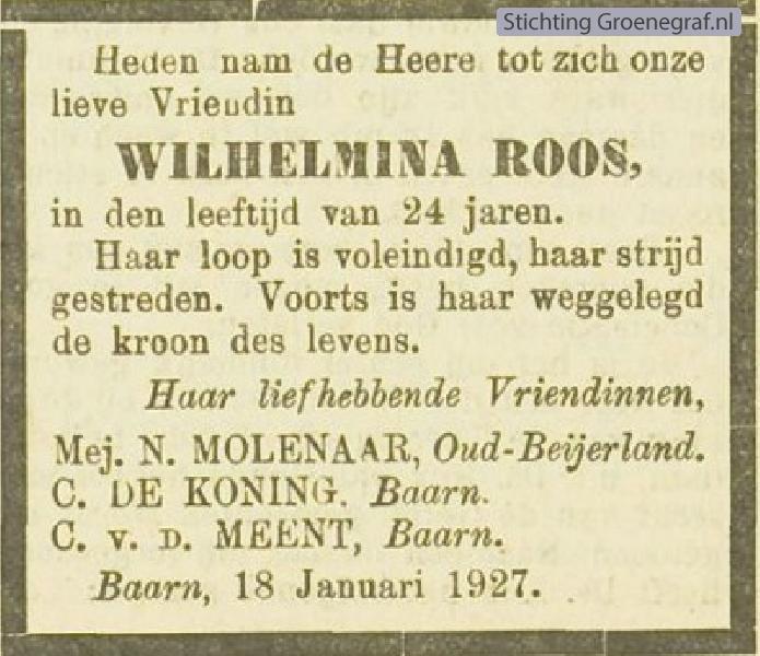 Overlijdensscan Wilhelmina  Roos