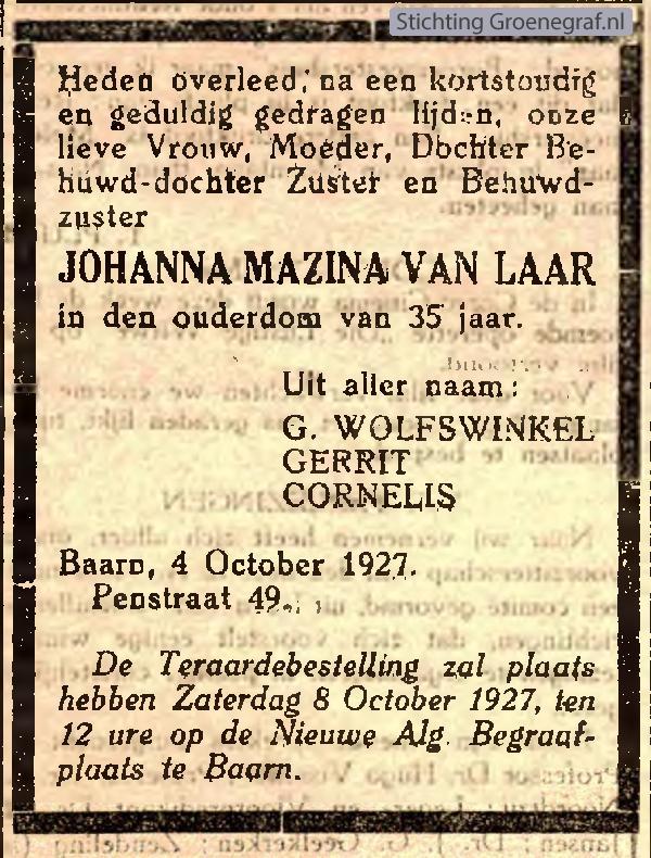 Overlijdensscan Johanna Mazina van Laar