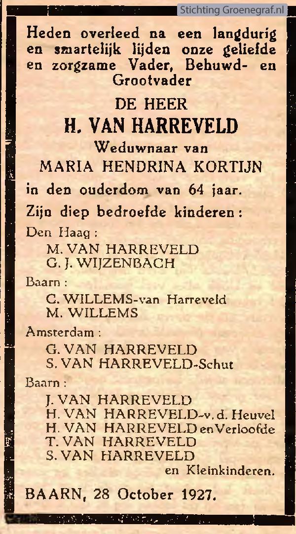 Overlijdensscan Hendrik van Harreveld