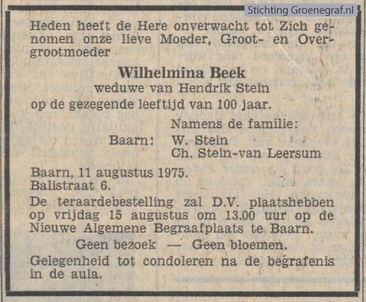 Overlijdensscan Wilhelmina  Beek