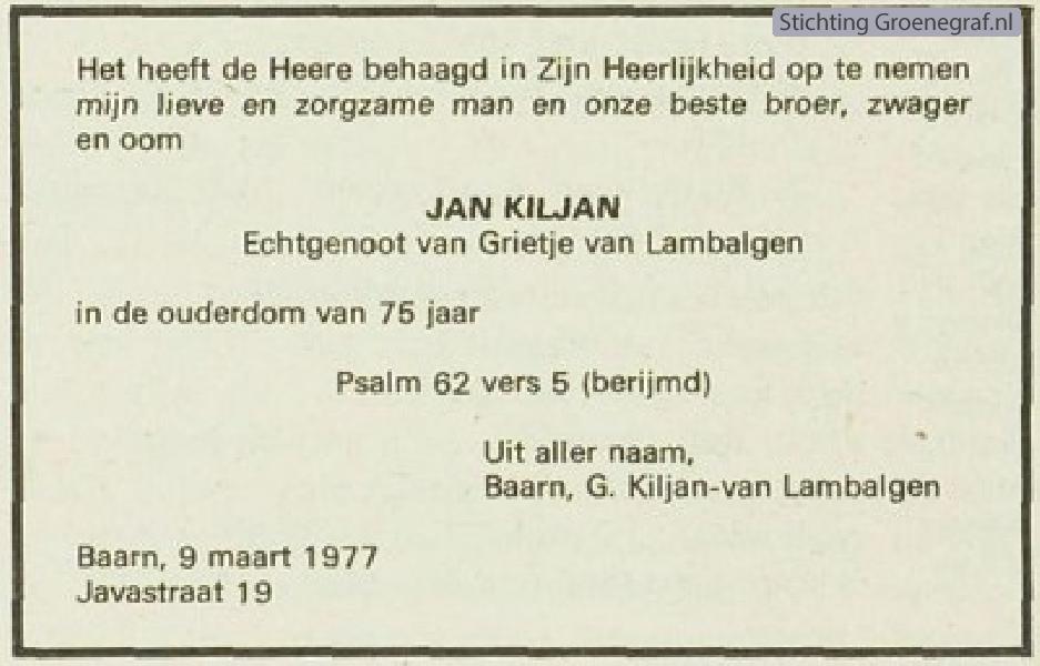 Overlijdensscan Jan  Kiljan