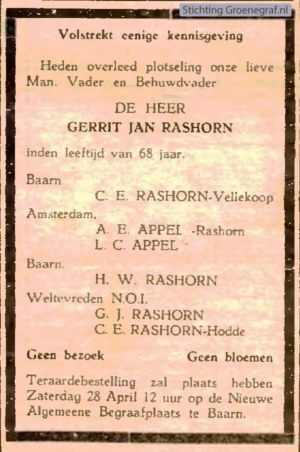 Overlijdensscan Gerrit Jan  Rashorn