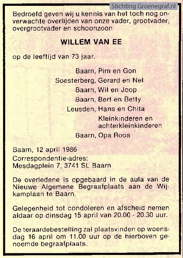 Overlijdensscan Willem Gerrit van Ee