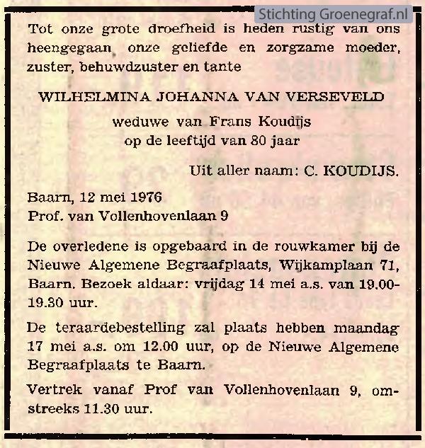 Overlijdensscan Wilhelmina Johanna van Verseveld