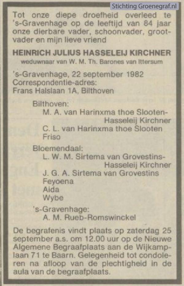 Overlijdensscan Heinrich Julius  Hasseleij Kirchner