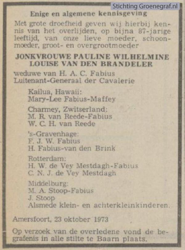 Overlijdensscan Pauline Wilhelmine Louise van den Brandeler