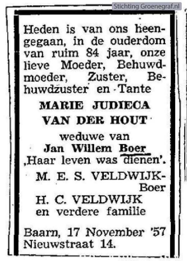 Overlijdensscan Maria Judieca van der Hout