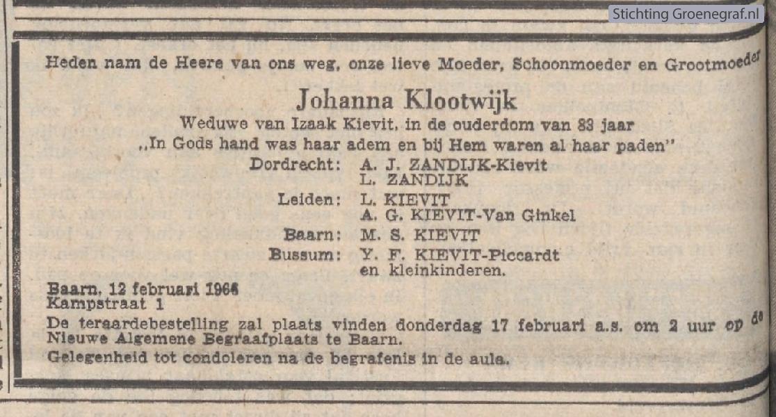 Overlijdensscan Johanna  Klootwijk