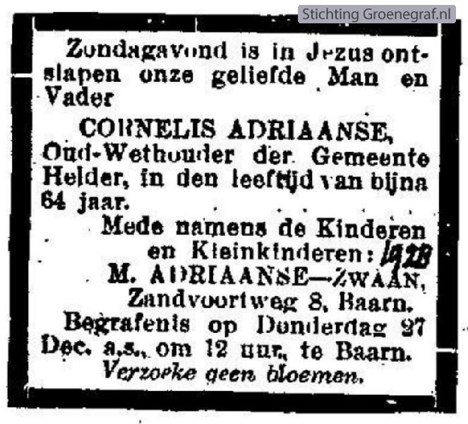 Overlijdensscan Cornelis  Adriaanse