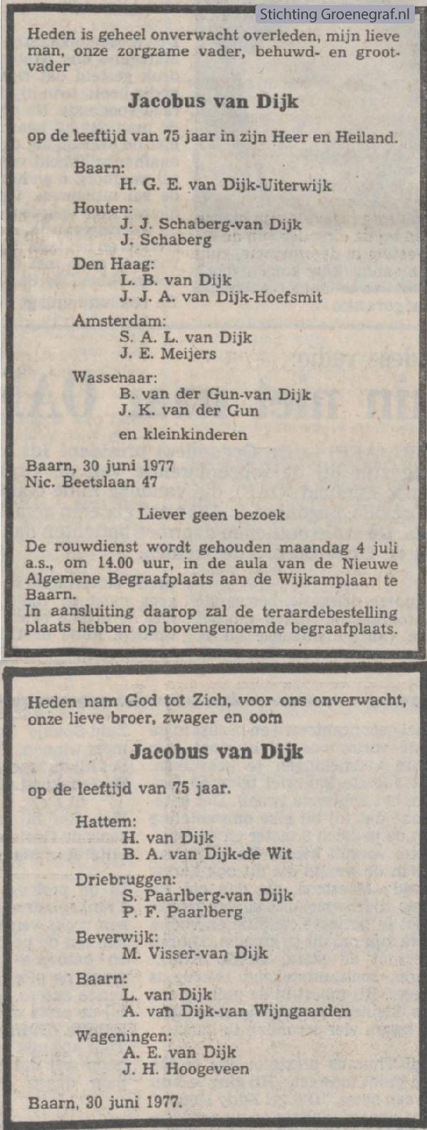 Overlijdensscan Jacobus van Dijk