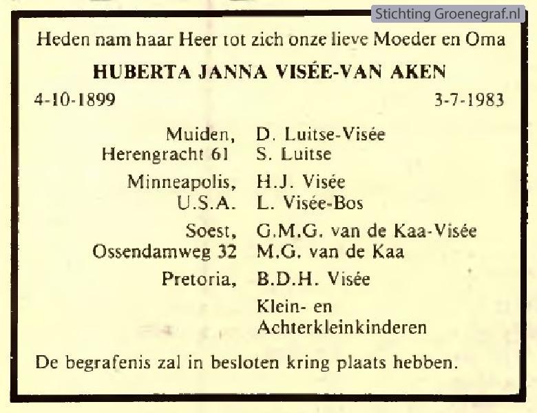 Overlijdensscan Huberta Janna van Aken