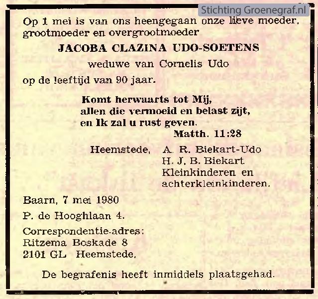 Overlijdensscan Jacoba Clazina  Soetens