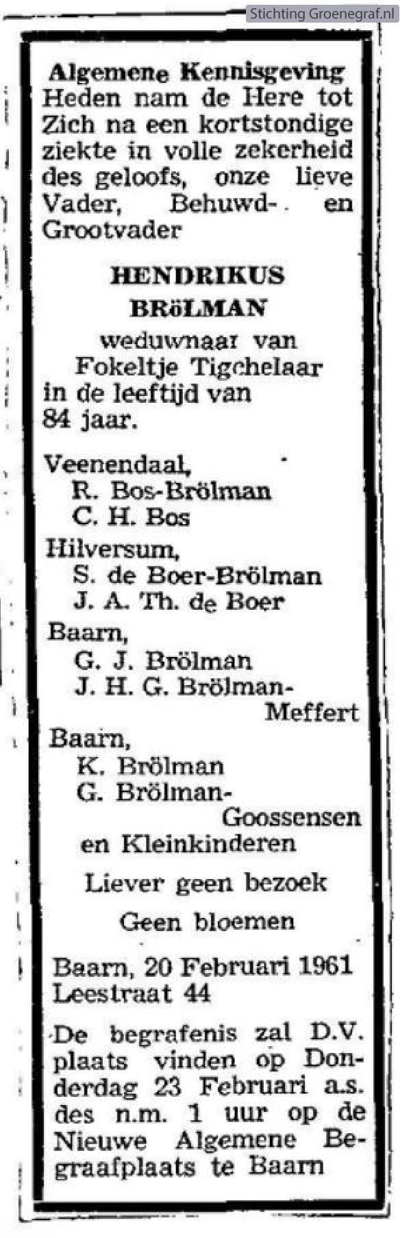 Overlijdensscan Hendrikus  Brölman