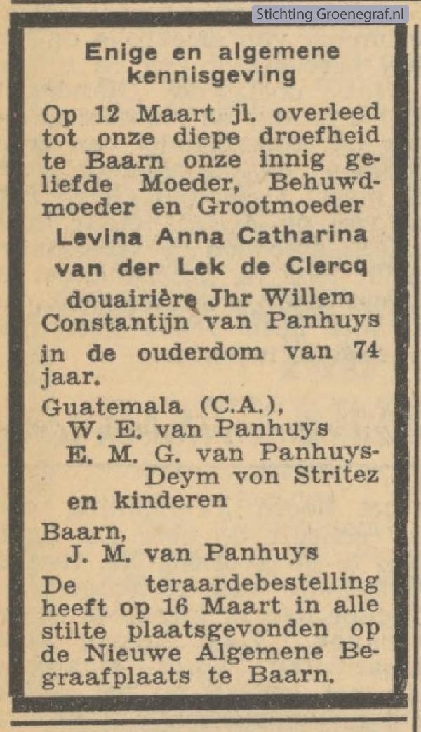 Overlijdensscan Levina Anna Catharina van der Lek de Clercq