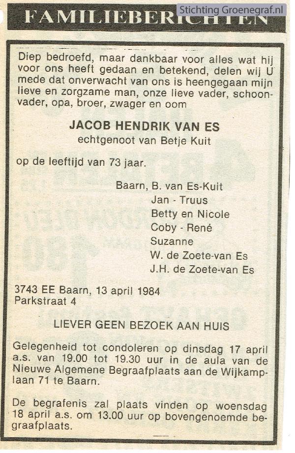 Overlijdensscan Jacobus Hendrik van Es