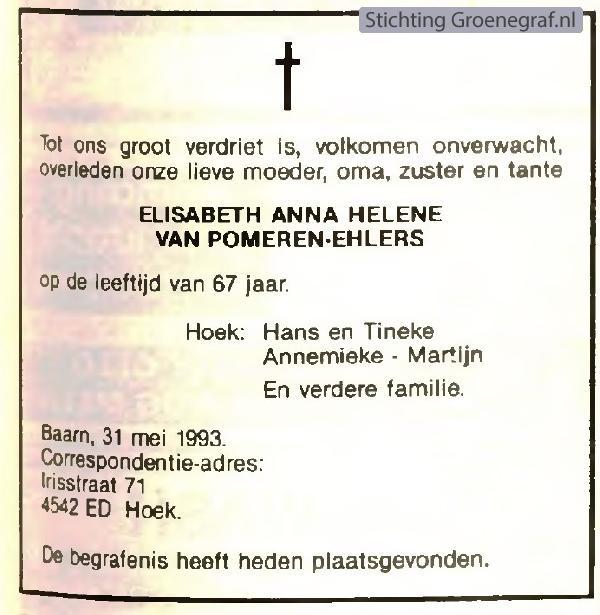 Overlijdensscan Elisabeth Anna Helene  Ehlers