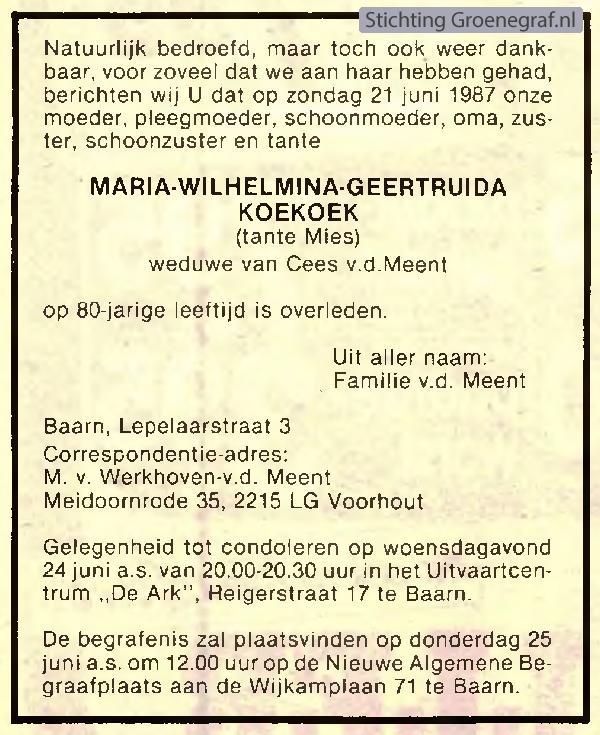 Overlijdensscan Maria Wilhelmina Geertruida  Koekoek