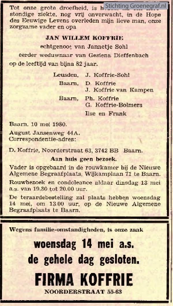 Overlijdensscan Jan Willem  Koffrie