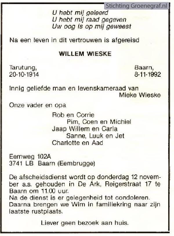 Overlijdensscan Willem  Wieske