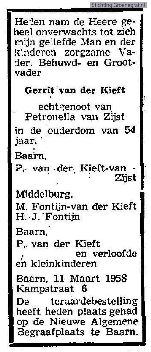 Overlijdensscan Gerrit van der Kieft