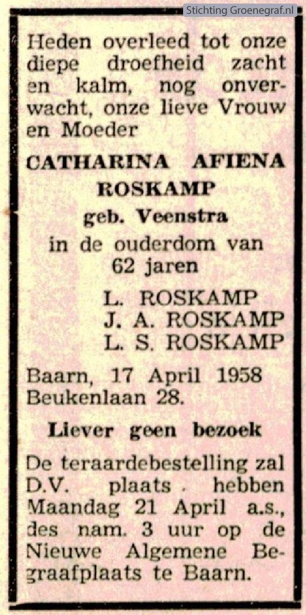 Overlijdensscan Catharina Afina  Veenstra