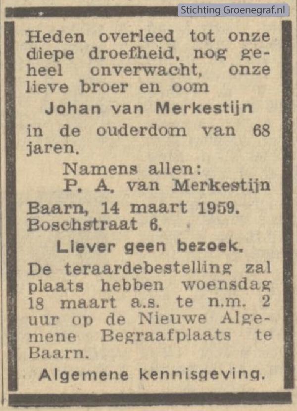 Overlijdensscan Johan van Merkestijn