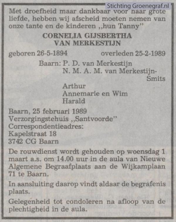 Overlijdensscan Cornelia Gijsberta van Merkestijn