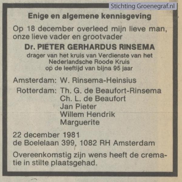 Overlijdensscan Pieter Gerhardus  Rinsema