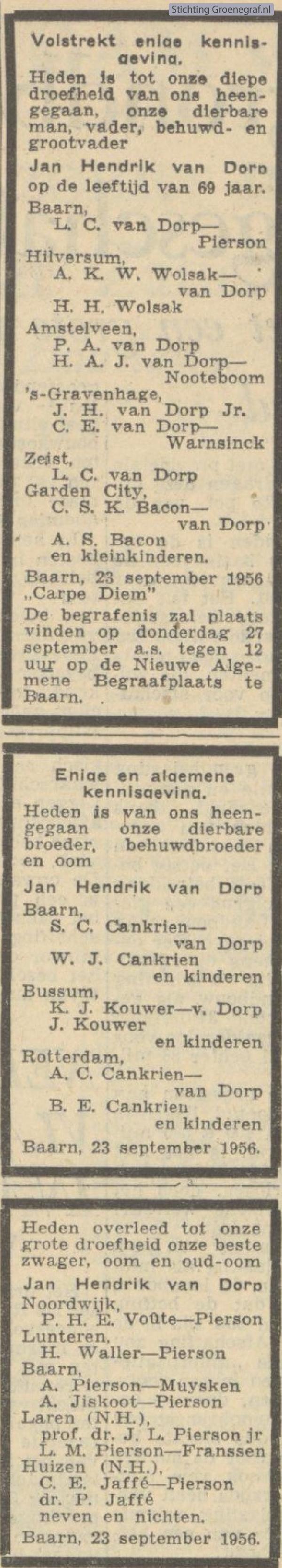 Overlijdensscan Jan Hendrik van Dorp