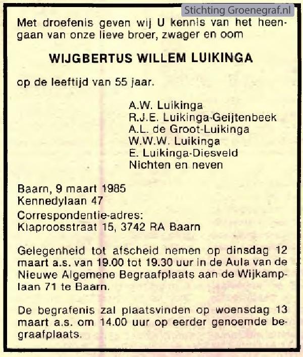 Overlijdensscan Wijgbertus Willem  Luikinga
